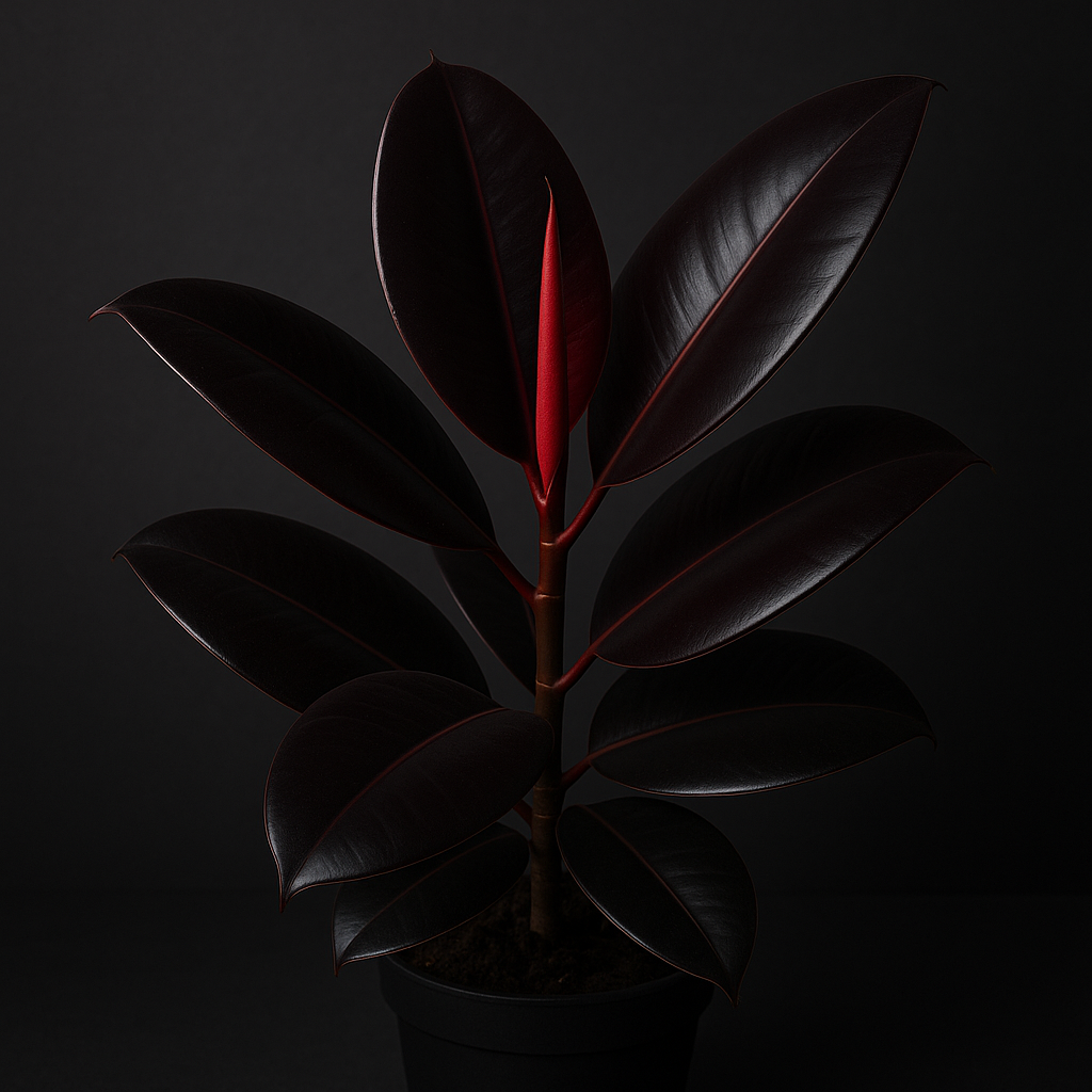 Burgundy rubber plant with deep wine leaves in a neutral ceramic pot