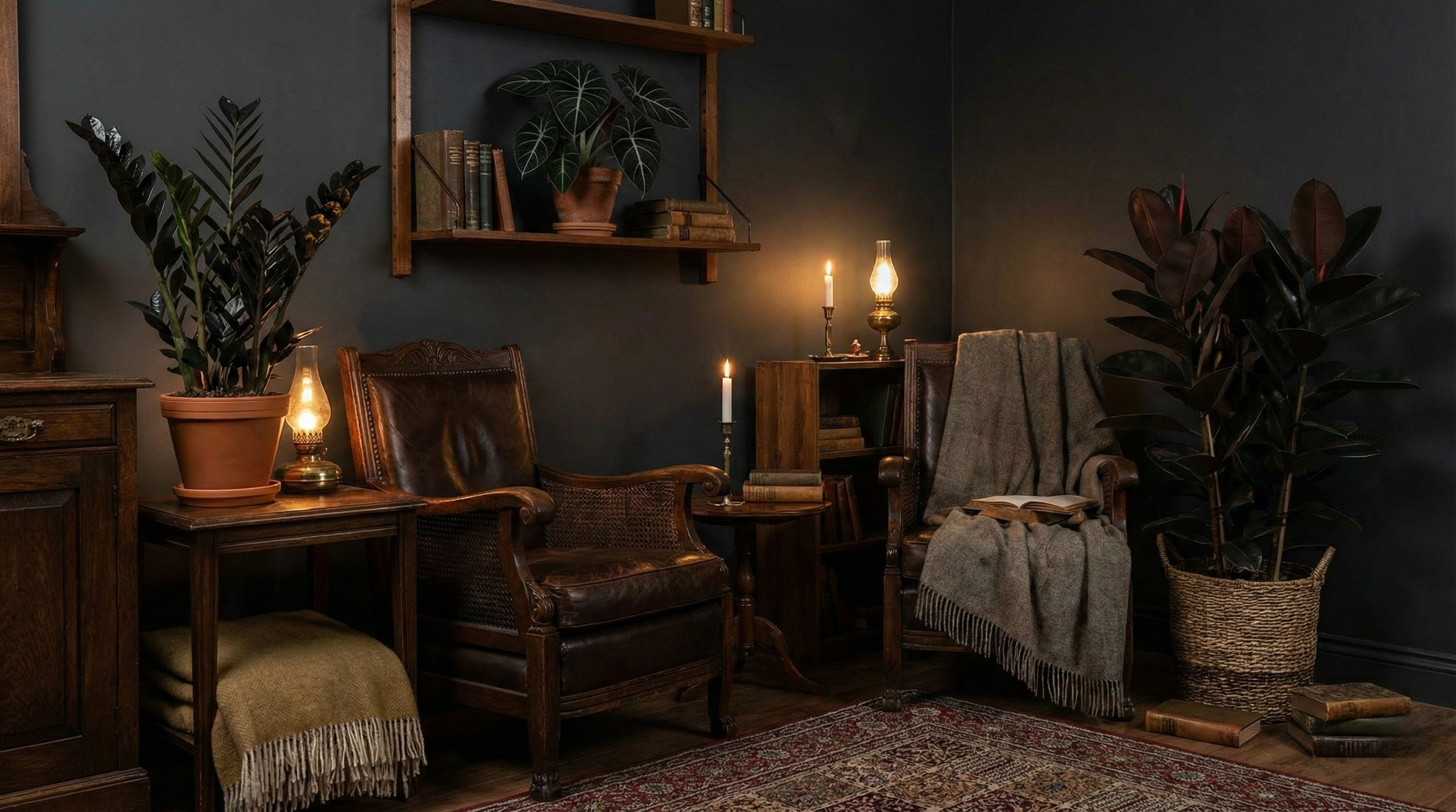 Dark moody room with Raven ZZ plant, black velvet alocasia, burgundy rubber plant on wooden stand