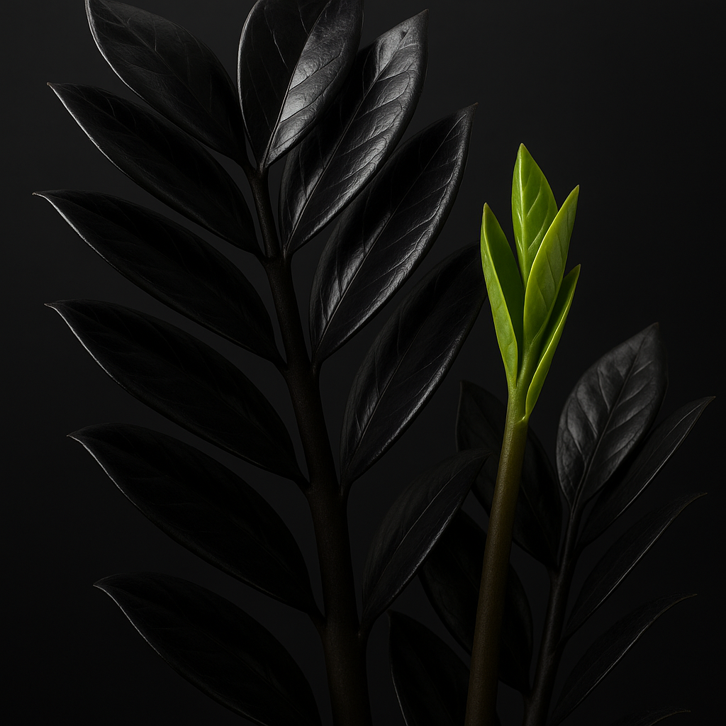 Close-up of Raven ZZ leaves showing glossy near-black foliage with fresh lime growth