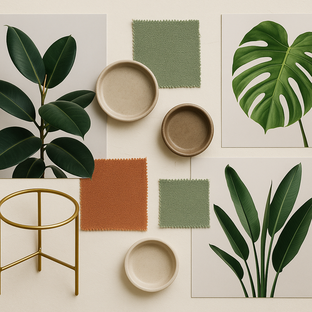 Moodboard showing 2026 plant trends with modern interior styling
