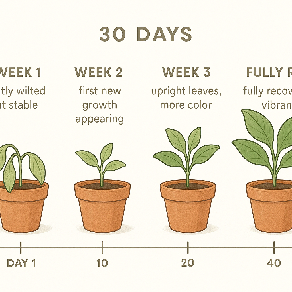 30-day plant recovery timeline illustration showing week 1, week 2, week 3, and week 4 stages of a stressed mail-order plant recovering with captions for each stage