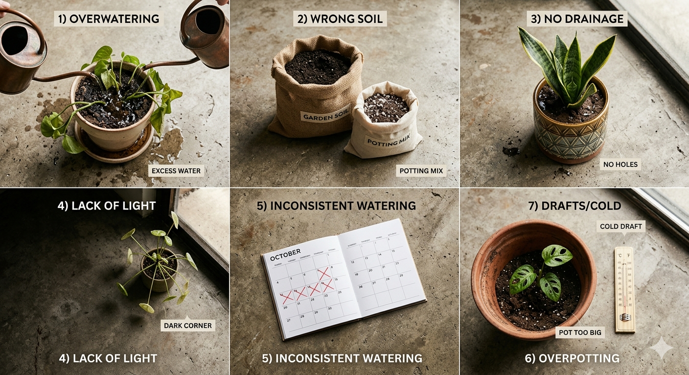 Flat lay visual showing the 7 common houseplant mistakes with props for each