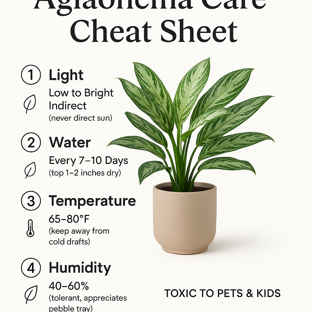 Designed Pinterest graphic with Aglaonema care quick-reference numbers for light, water, temperature, and humidity