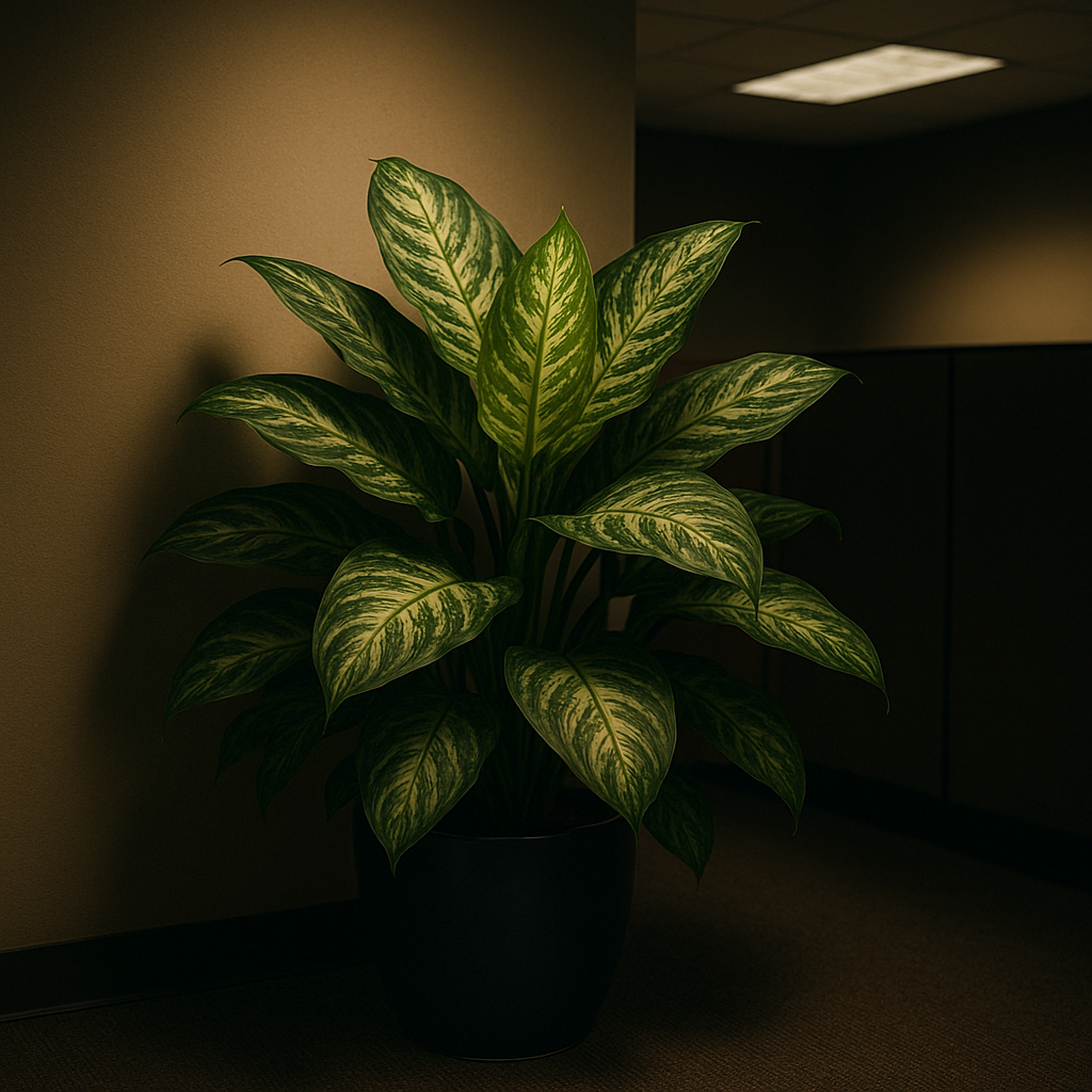 Healthy silver-green Aglaonema thriving in a dimly lit office under fluorescent lighting with no windows visible