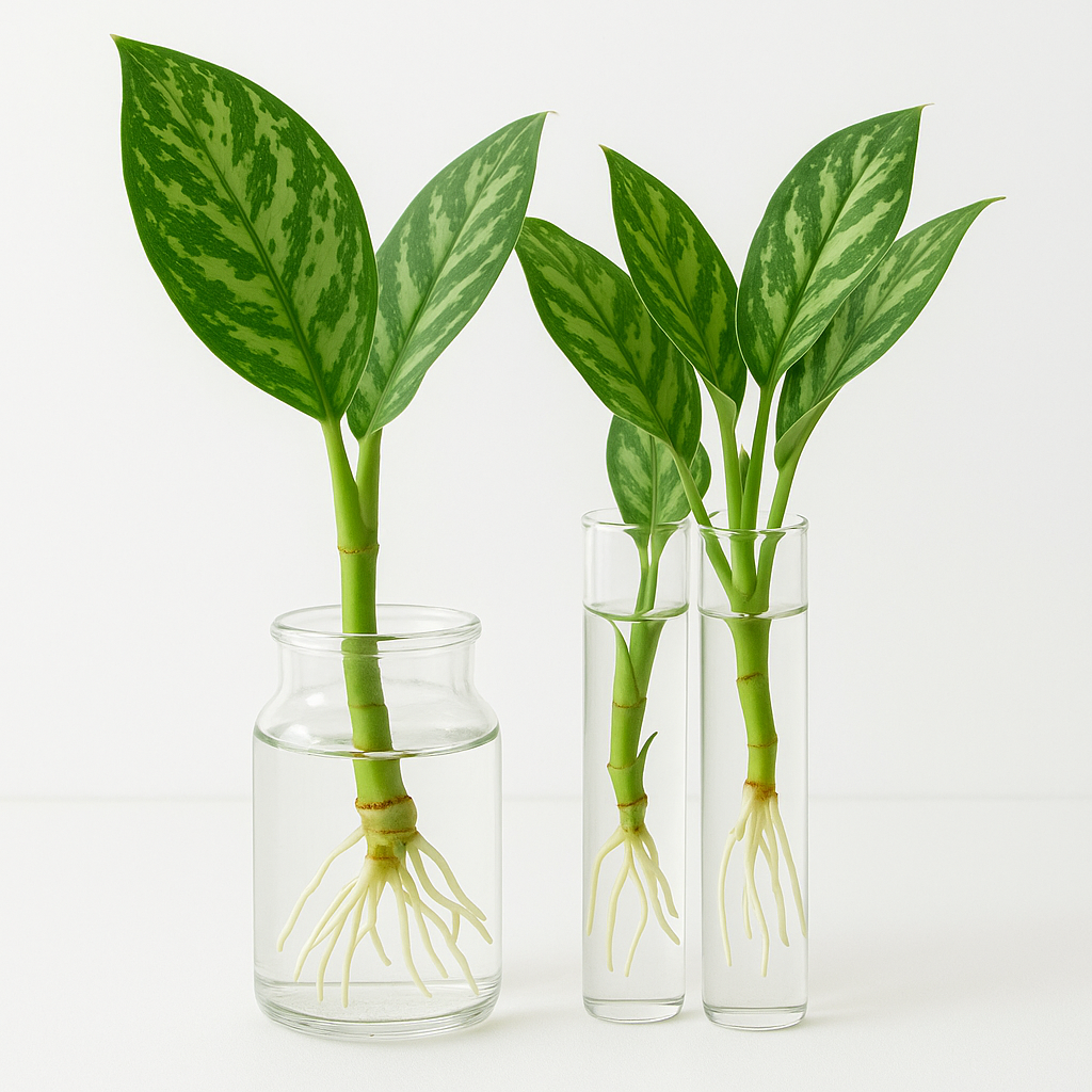 Aglaonema stem cuttings with visible root growth in clear glass water vases