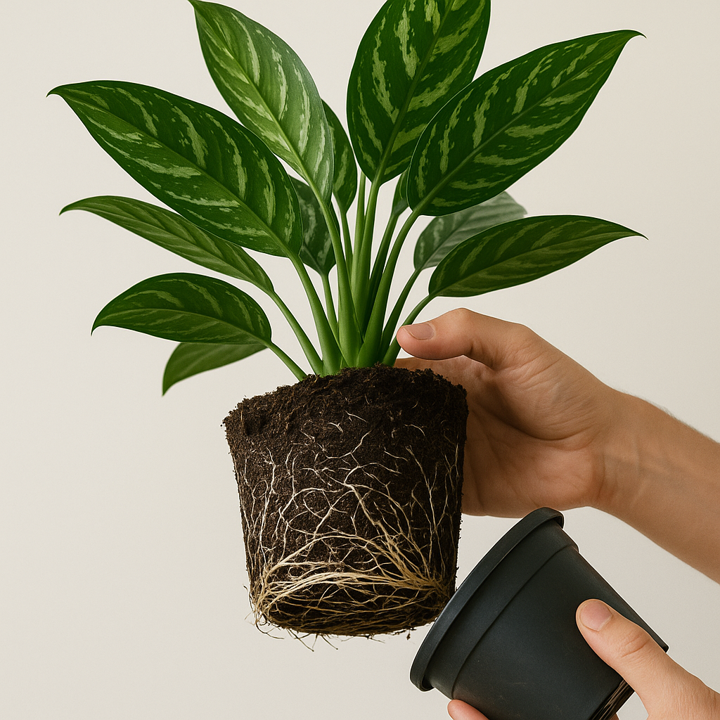Aglaonema plant being lifted from a pot showing white healthy roots circling the root ball