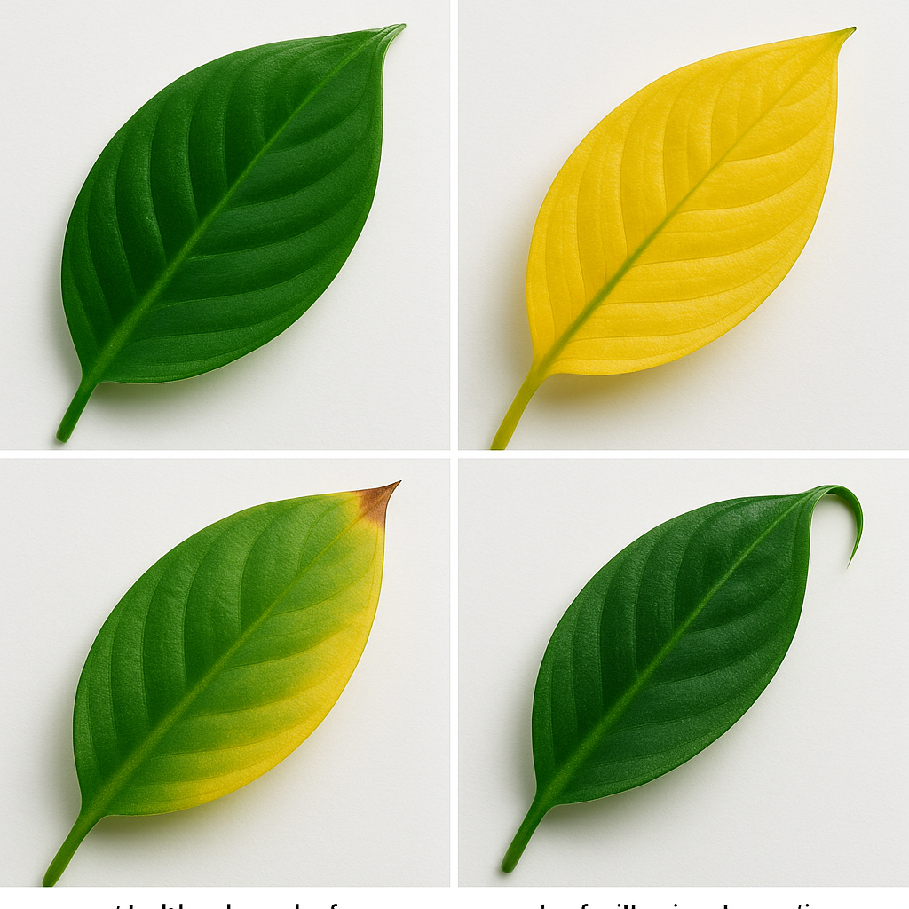 Close-up comparison of healthy Aglaonema leaf next to yellowing, brown-tip, and drooping problem leaves