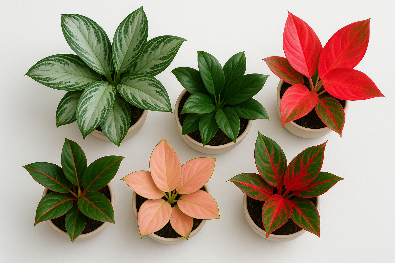 Five Aglaonema varieties arranged in a flatlay showing the full color spectrum from silver-green to deep red and pink