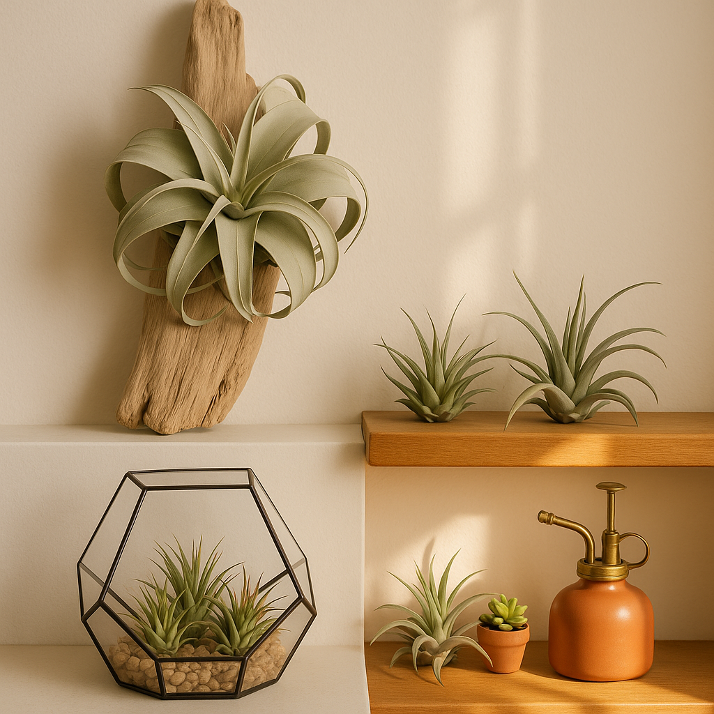 Creative air plant display ideas: a xerographica mounted on driftwood, small ionanthas in a glass geometric terrarium, and tillandsia on a bathroom shelf near a window