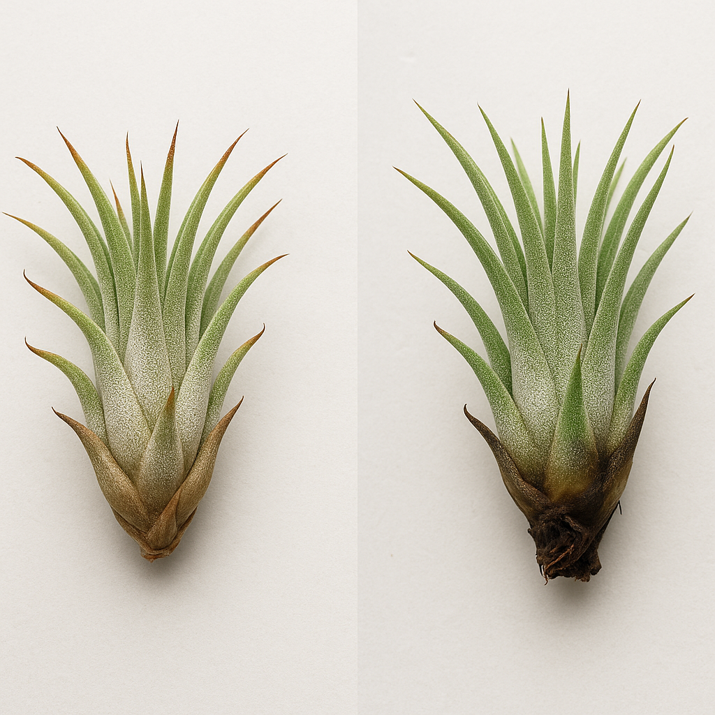 Side-by-side comparison of common air plant problems: brown crispy tips from underwatering versus mushy brown base from overwatering and rot