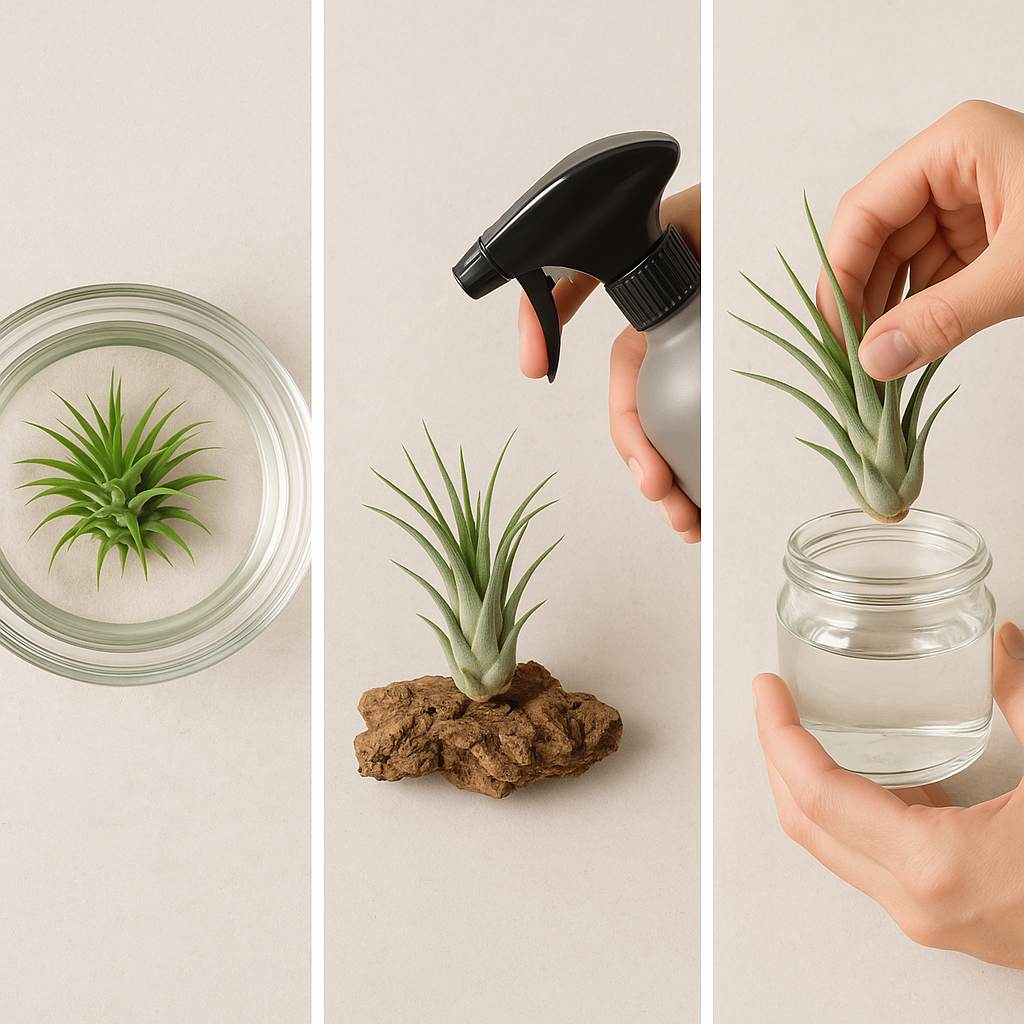 Three air plant watering methods side by side: a Tillandsia soaking in a glass bowl, a spray bottle misting an air plant on driftwood, and a quick dunk in water