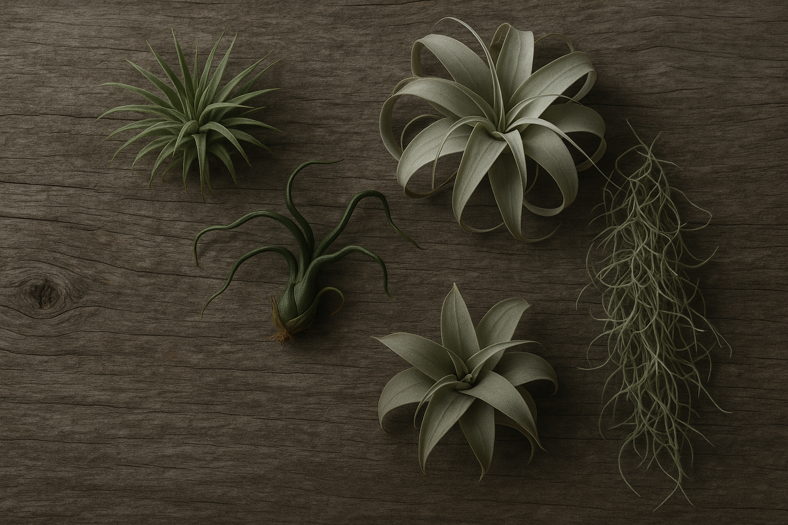 A flat lay collection of five Tillandsia air plant varieties — ionantha, xerographica, bulbosa, capitata, and Spanish moss — arranged on weathered driftwood with soft natural light