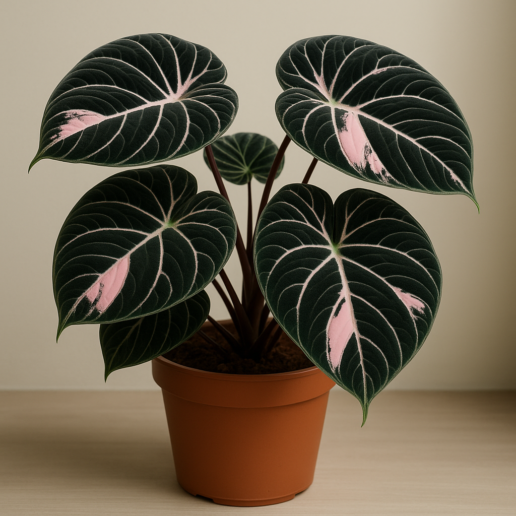 Full healthy Alocasia Black Velvet Pink Variegated plant showing growth habit