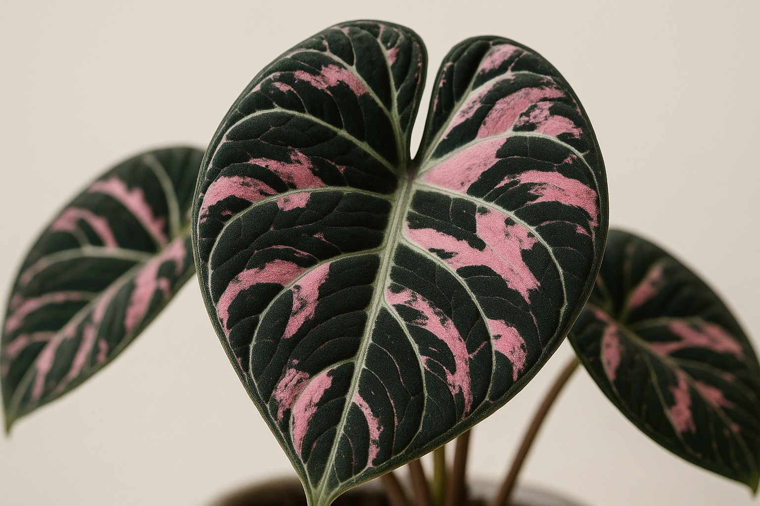 Mature Alocasia Black Velvet Pink Variegated plant with stunning pink variegation on dark velvet leaves