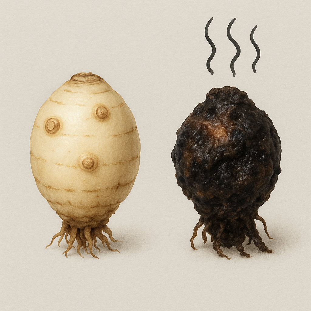 Comparison of healthy dormant Alocasia tuber vs dead rotting tuber