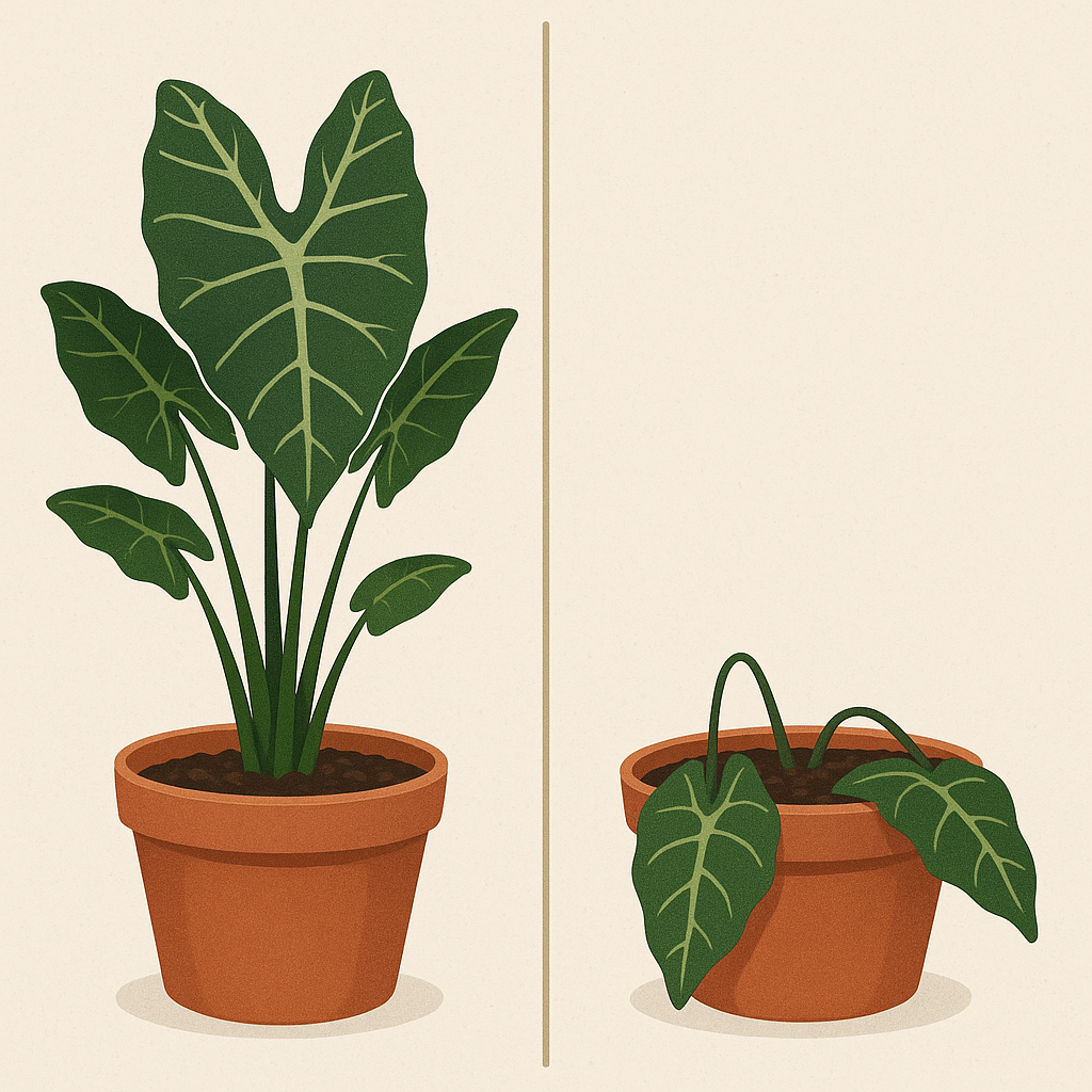 Healthy Alocasia plant next to same plant in dormancy with collapsed leaves