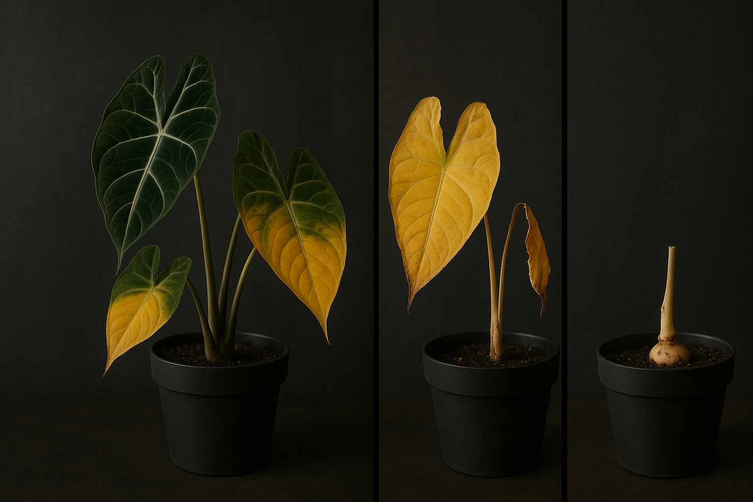 Alocasia plant showing dormancy progression from lush leaves to bare pot with visible tuber