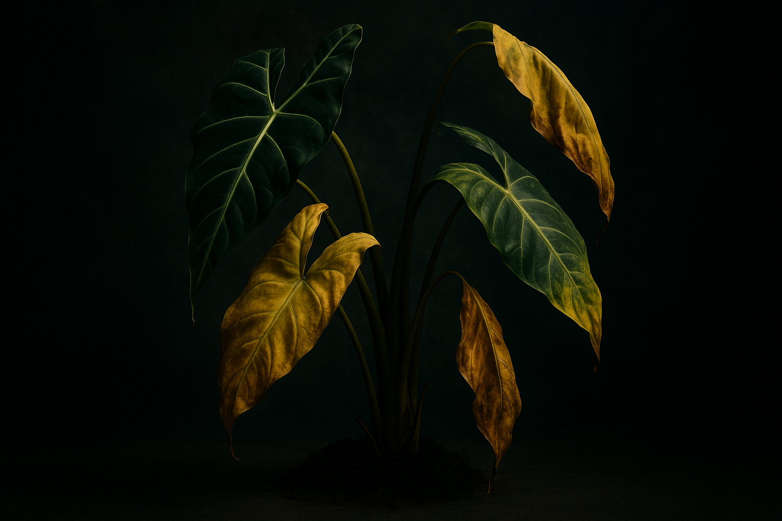 Drooping Alocasia plant with yellowing leaves against dark background