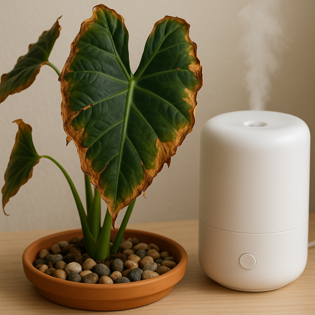 Alocasia next to humidifier, grouped plants, and pebble tray