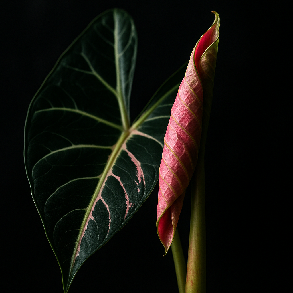 New Alocasia leaf unfurling showing variegation developing