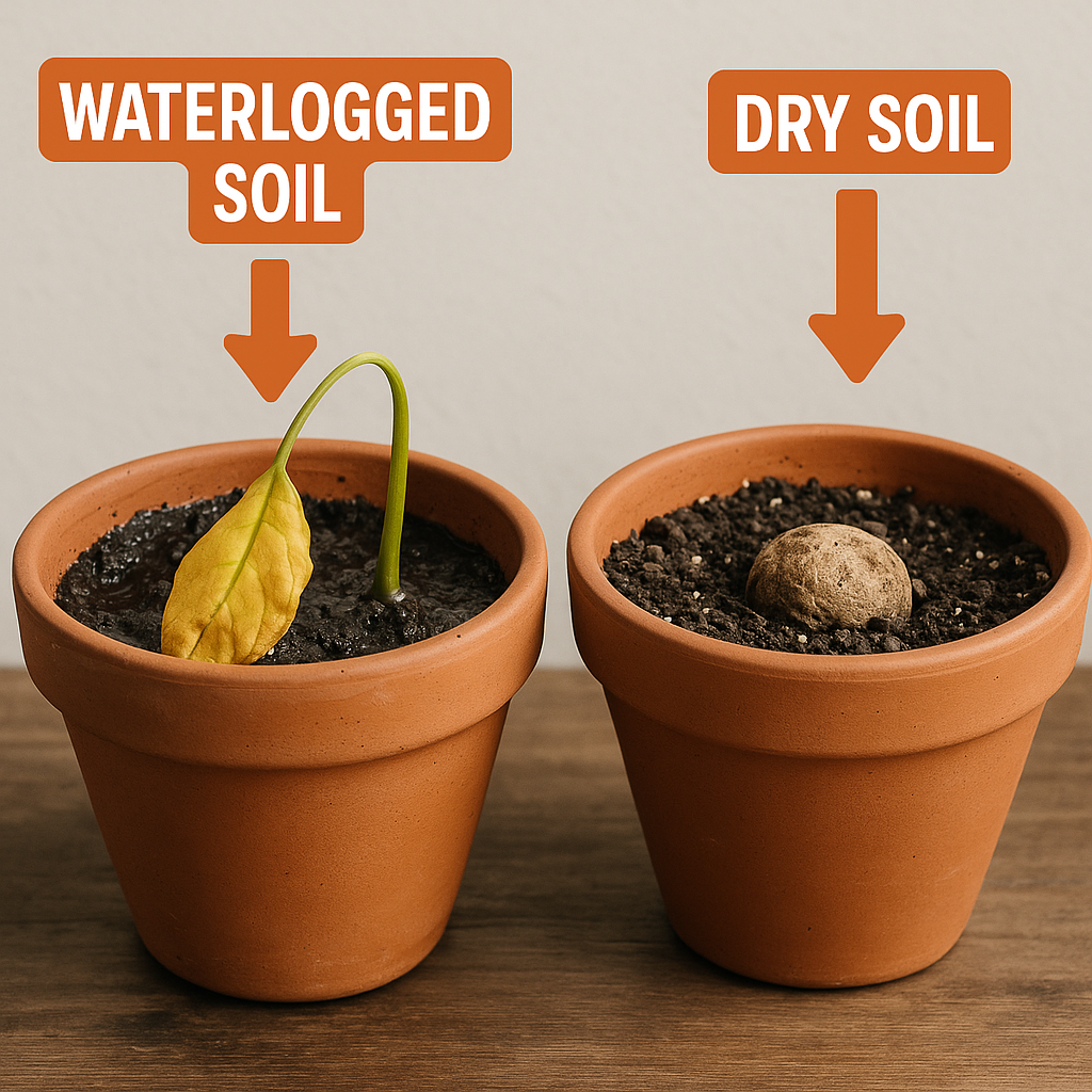 Overwatered Alocasia pot with soggy soil vs properly dry winter soil