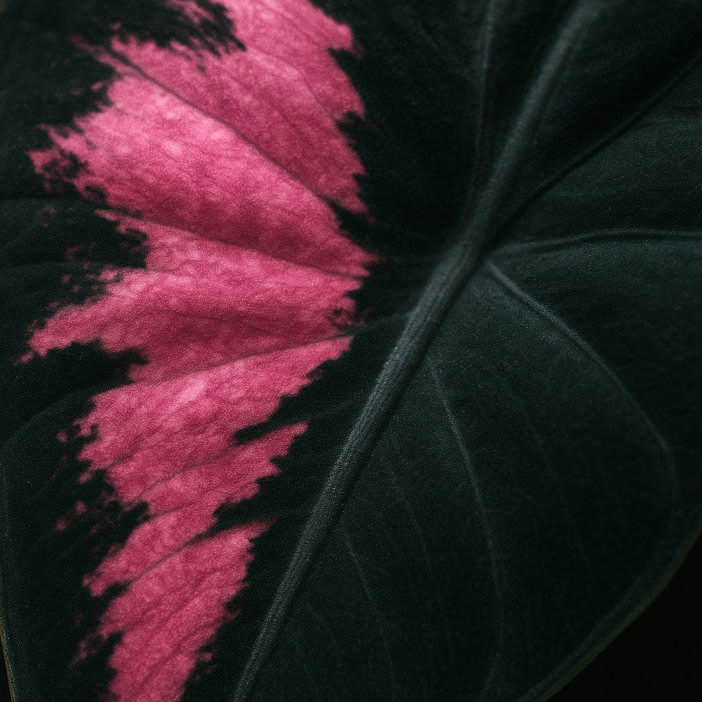 Close-up of pink variegation patterns on Alocasia Black Velvet leaf