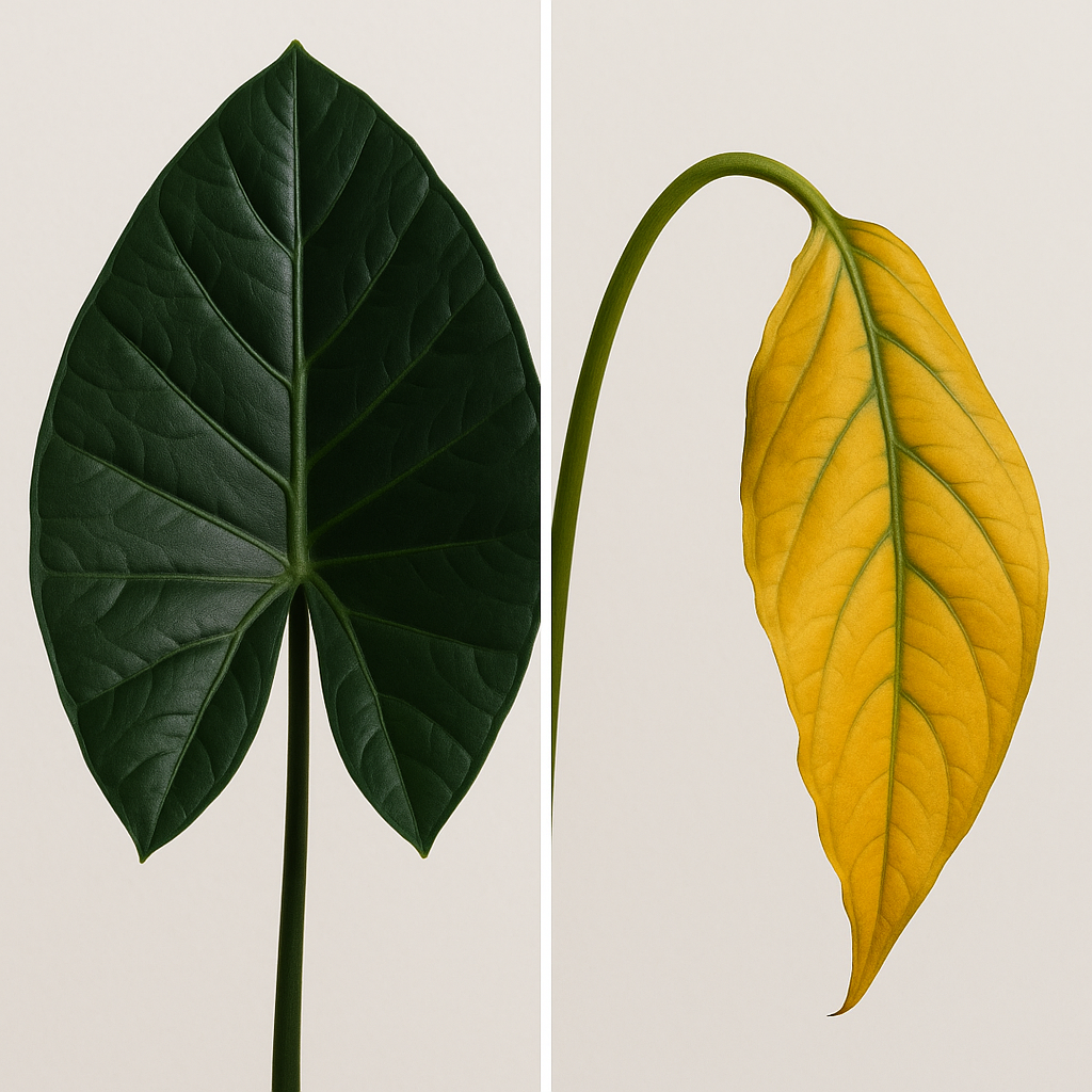 Comparison of healthy Alocasia Black Velvet leaf versus yellowing leaf showing common problems
