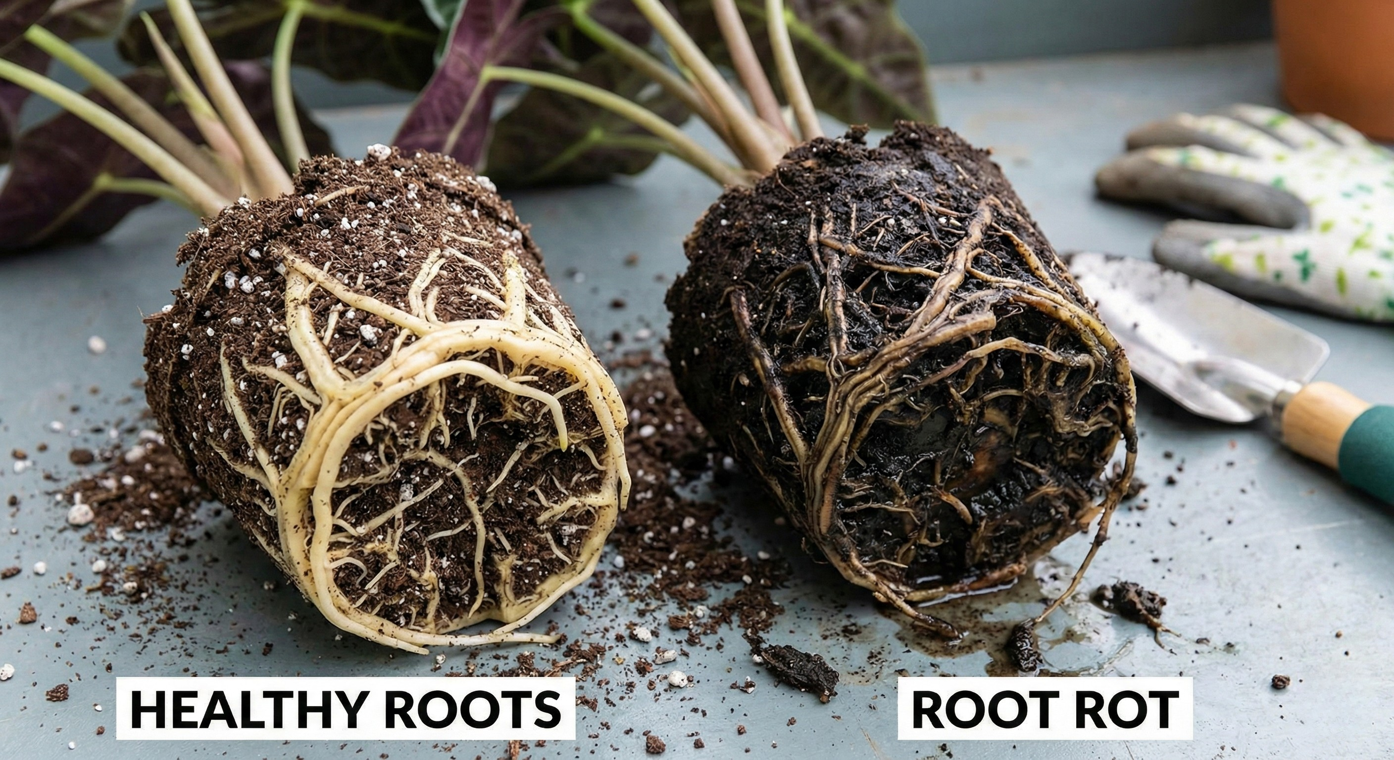 Diagram labeling healthy vs rotting Alocasia roots once unpotted