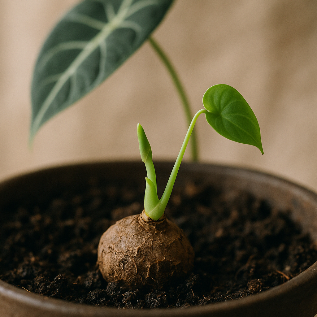 Alocasia tuber emerging new growth after winter dormancy