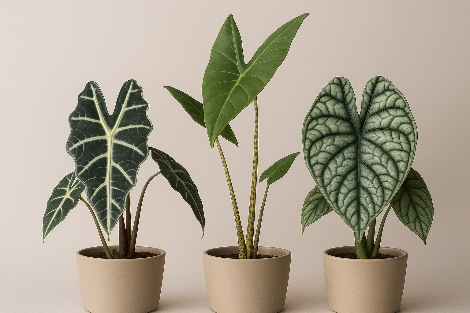 Side-by-side comparison of Alocasia Polly, Zebrina, and Dragon Scale showing distinct leaf shapes, colors, and patterns