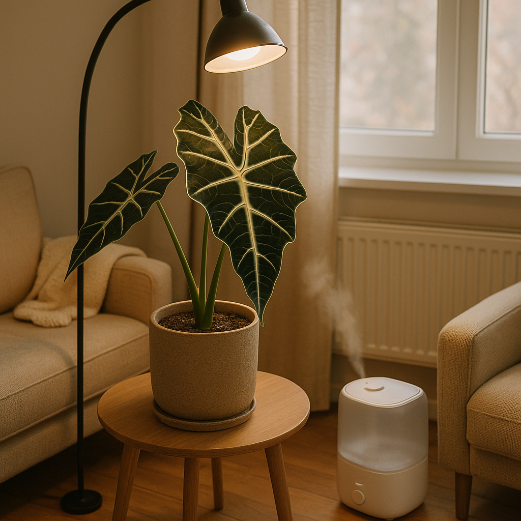 Ideal winter Alocasia placement with grow light and humidifier