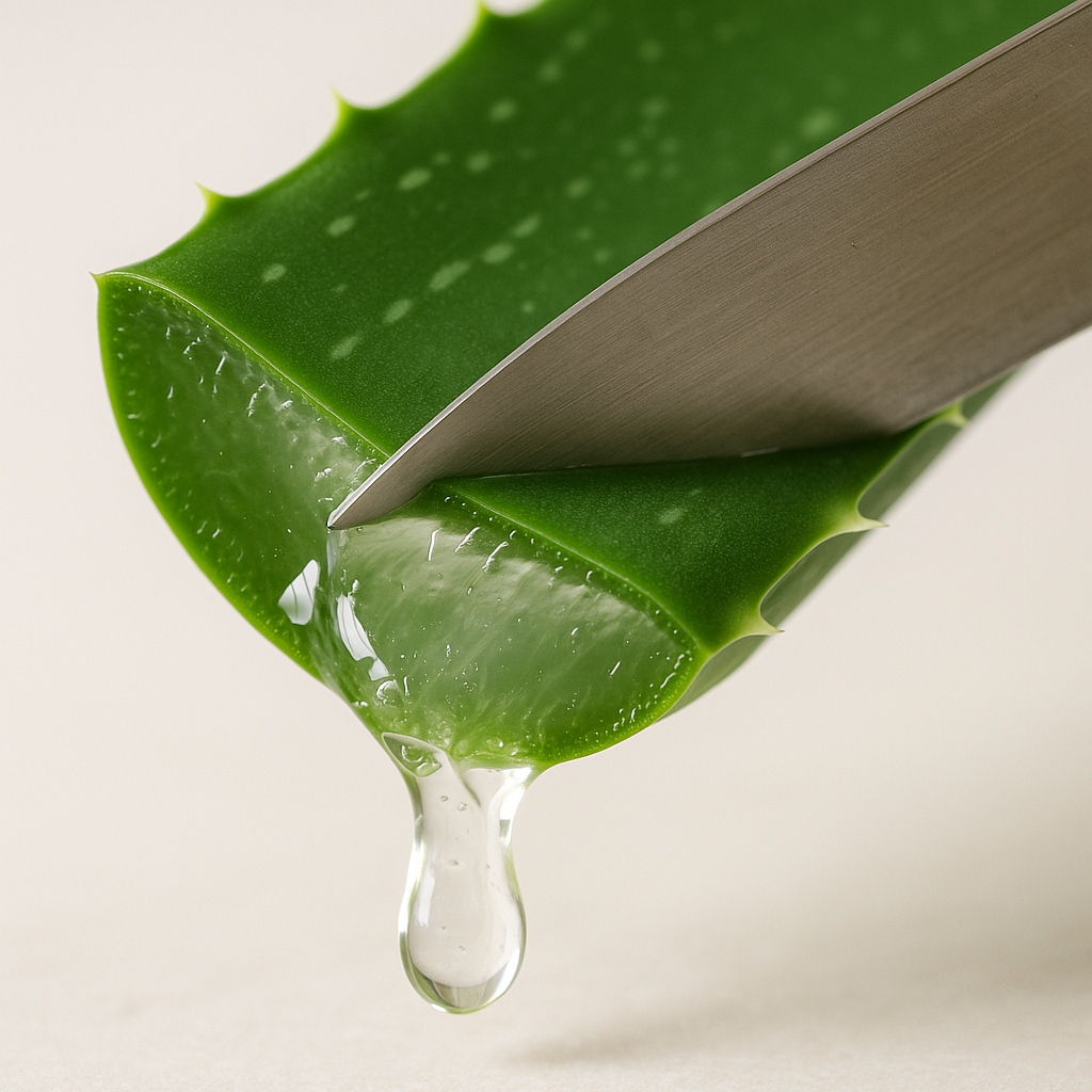 Freshly cut aloe vera leaf with gel oozing out