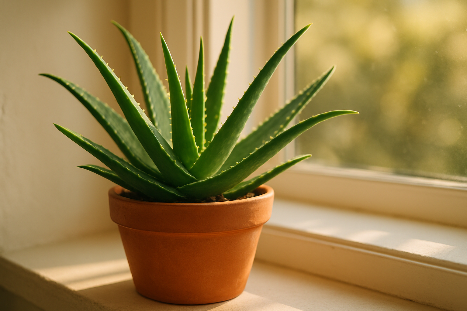 Healthy aloe vera plant on bright windowsill with afternoon light