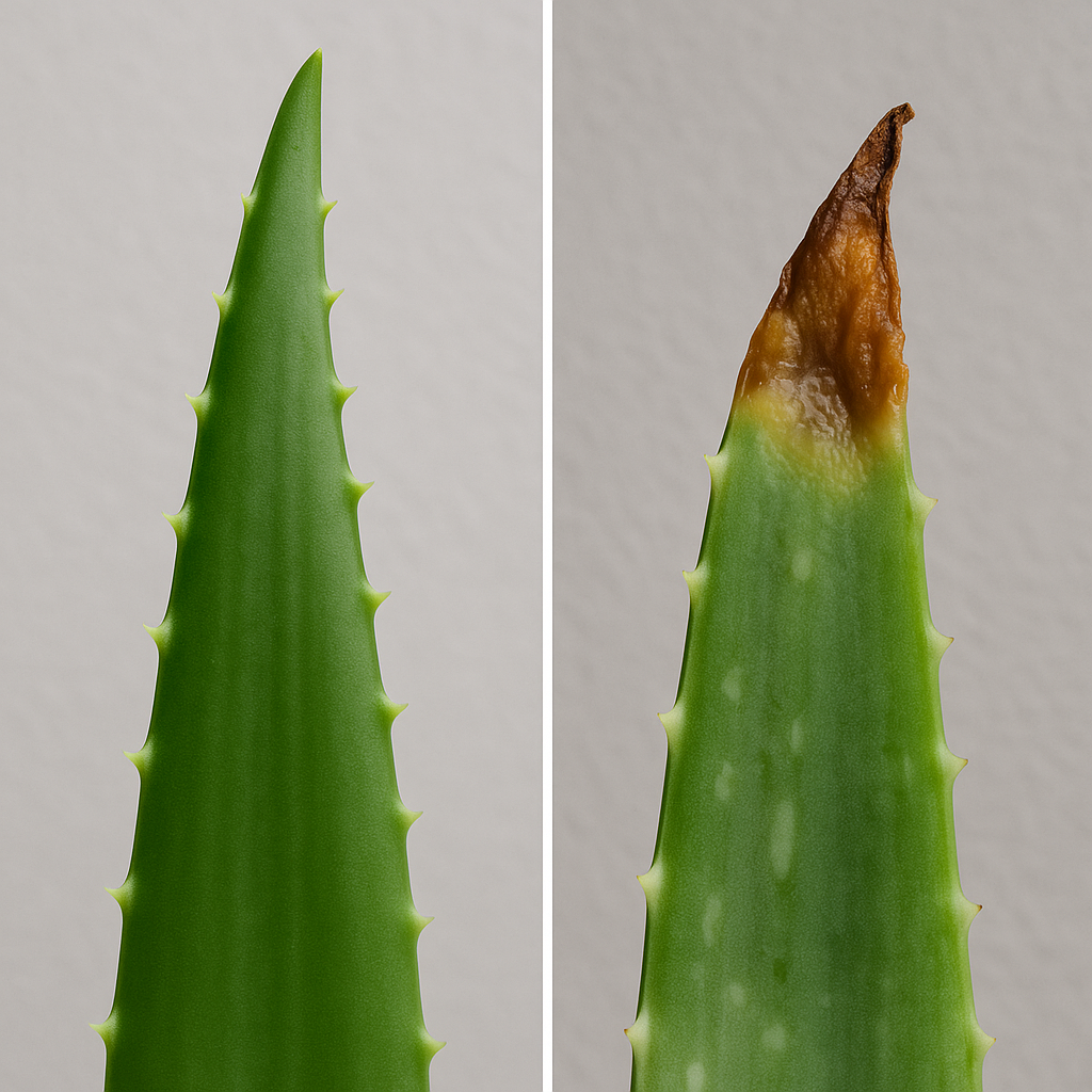 Side by side comparison of healthy aloe vs problem leaves