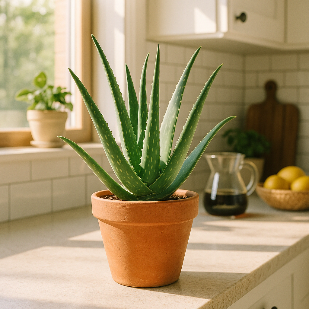 Aloe vera plant on kitchen counter with natural light