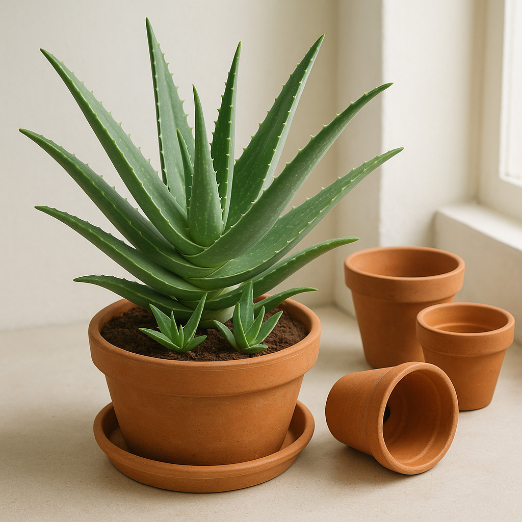 Mother aloe plant with visible pups being separated