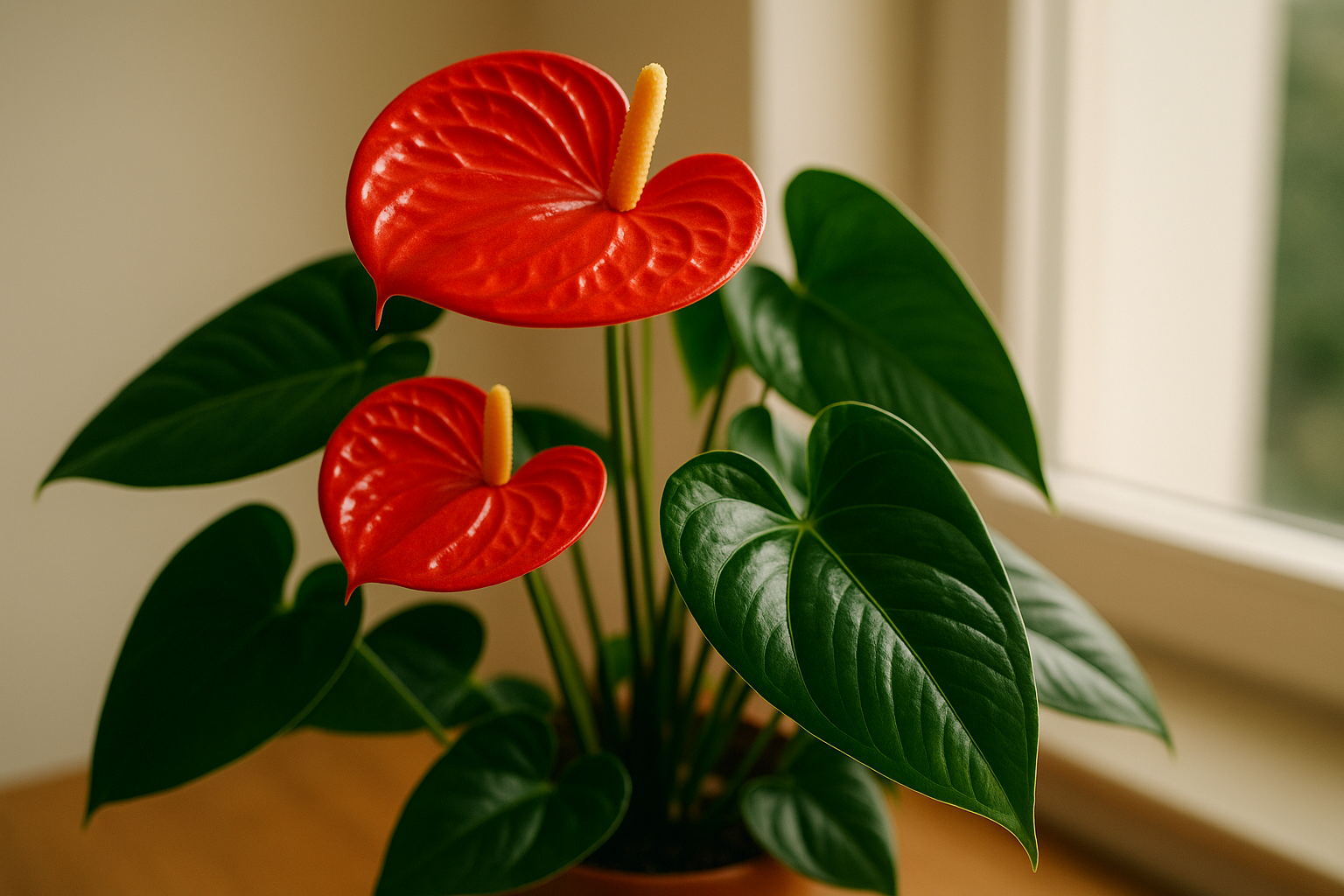 Healthy anthurium plant with glossy red spathes and bright green leaves in a bright room