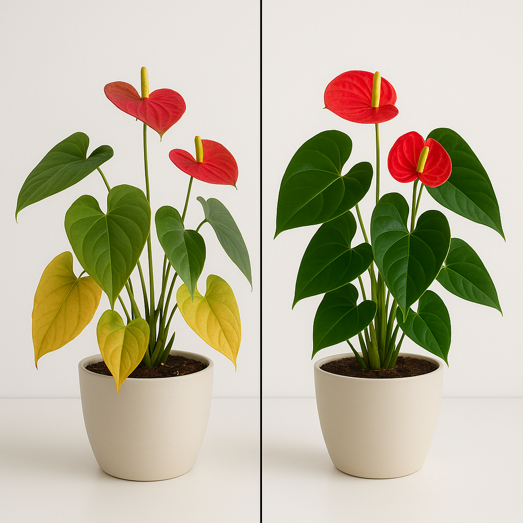 Anthurium with yellow leaves and drooping stems next to a healthy vibrant anthurium — diagnostic comparison