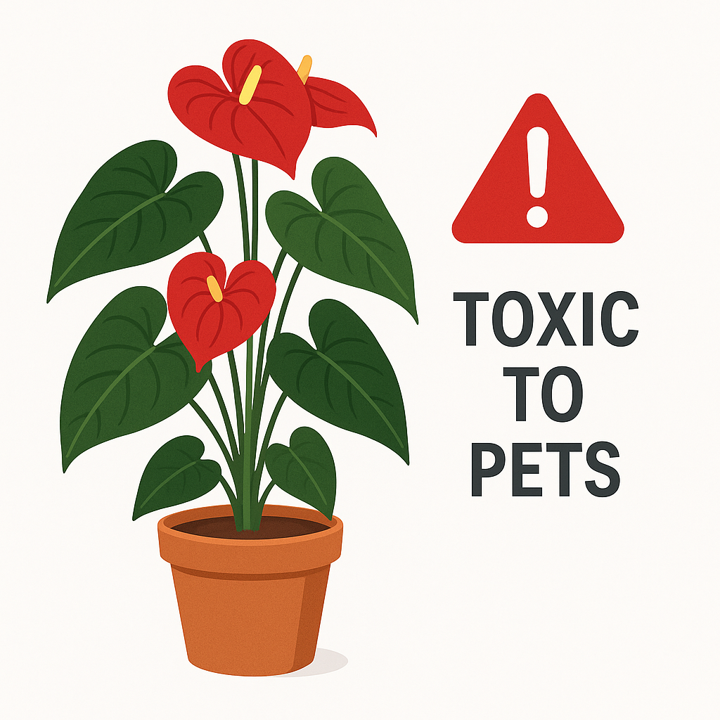 Warning sign indicating anthurium plants are toxic to cats and dogs — pet safety information