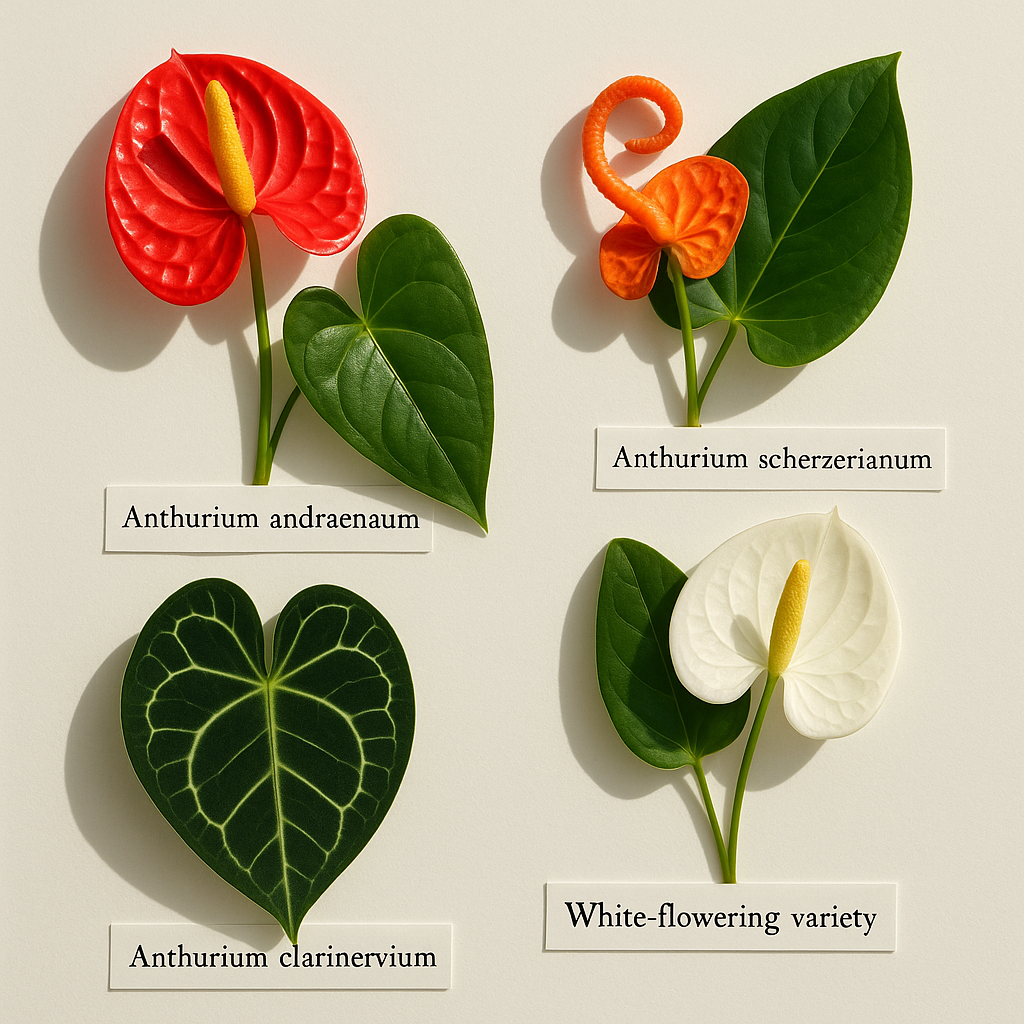 Four anthurium varieties: Andreanum with red spathes, Scherzerianum with curly orange spadix, Clarinervium with velvet dark leaves, and white flowering variety