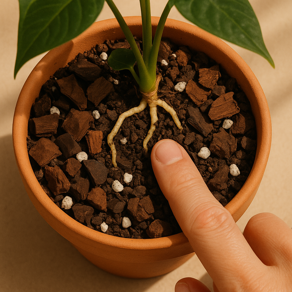 Finger test for anthurium watering — checking soil moisture before watering an epiphytic tropical plant