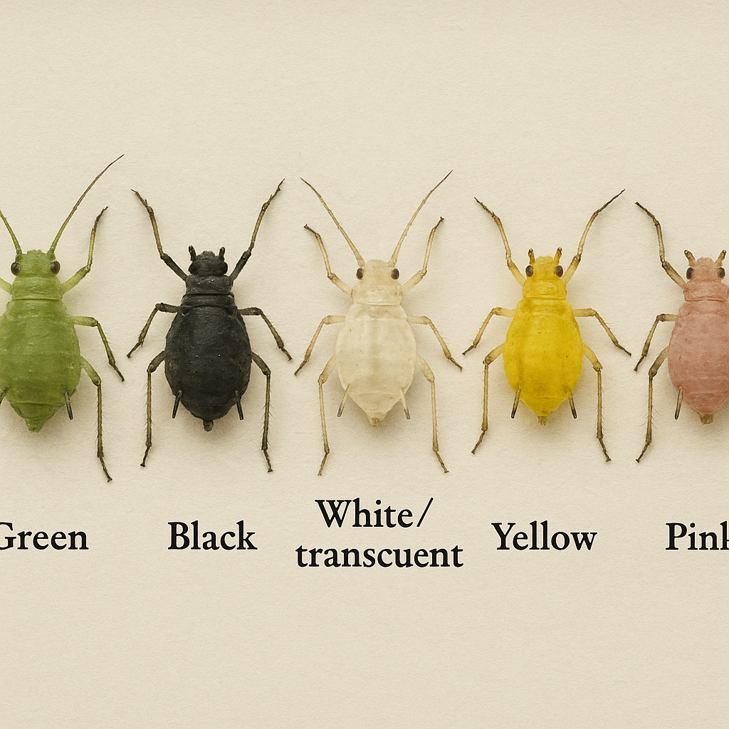 Chart showing different aphid colors found on houseplants: green, black, white, yellow, and pink varieties