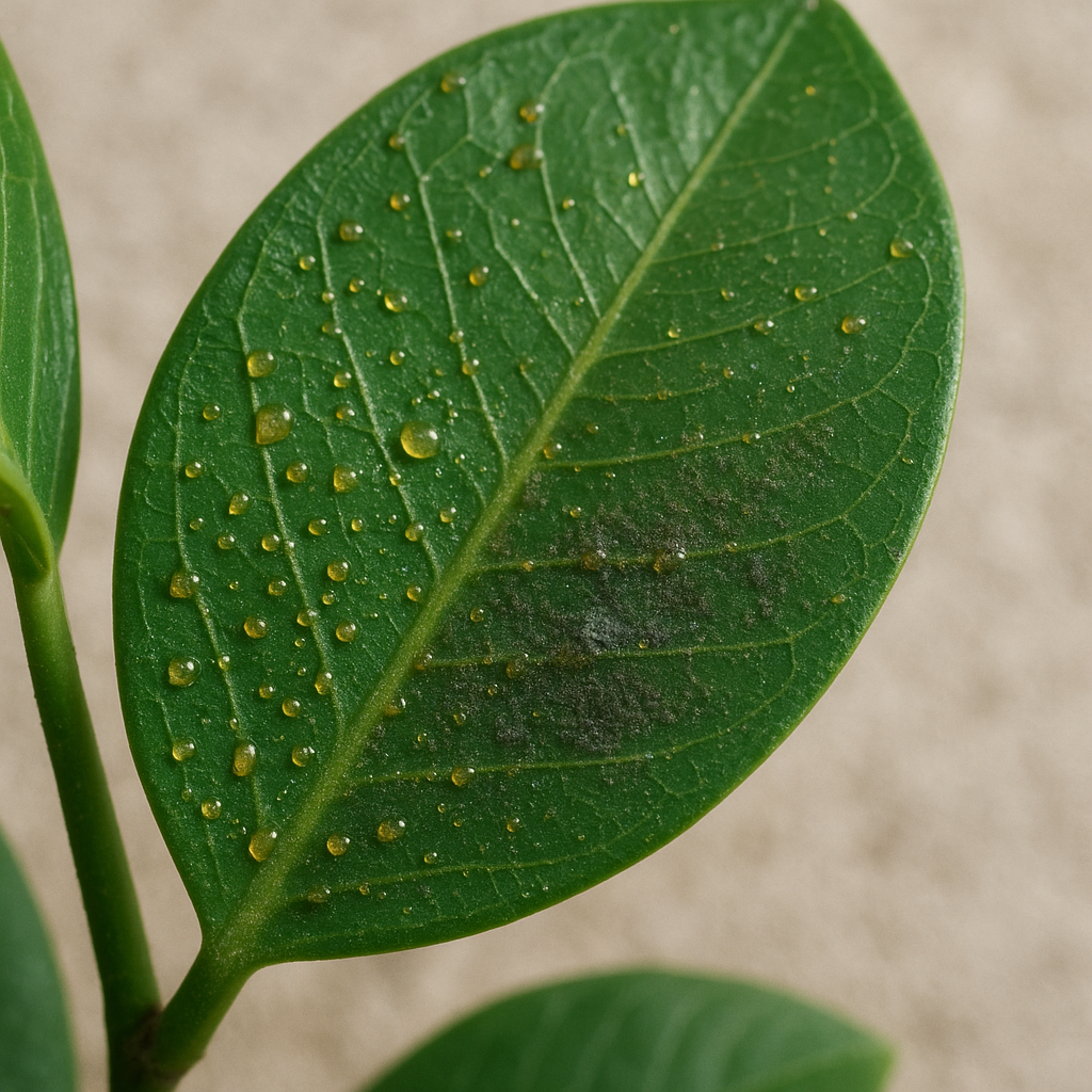Houseplant leaf covered in sticky honeydew residue with sooty mold beginning to form