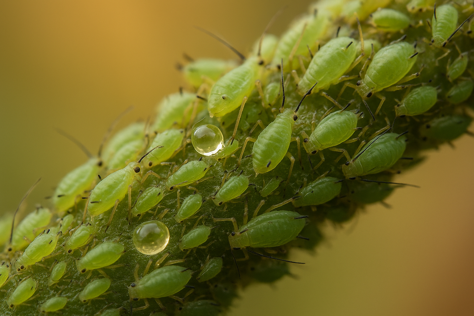Macro photograph of green aphids clustered on a houseplant stem with visible honeydew droplets