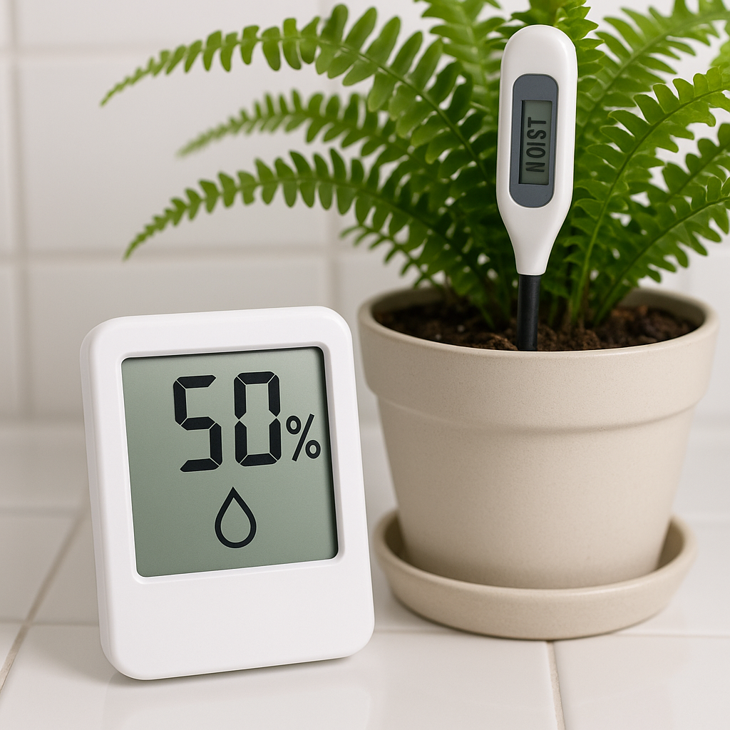 Hygrometer and moisture meter being used on bathroom plant soil, with drainage saucer underneath pot