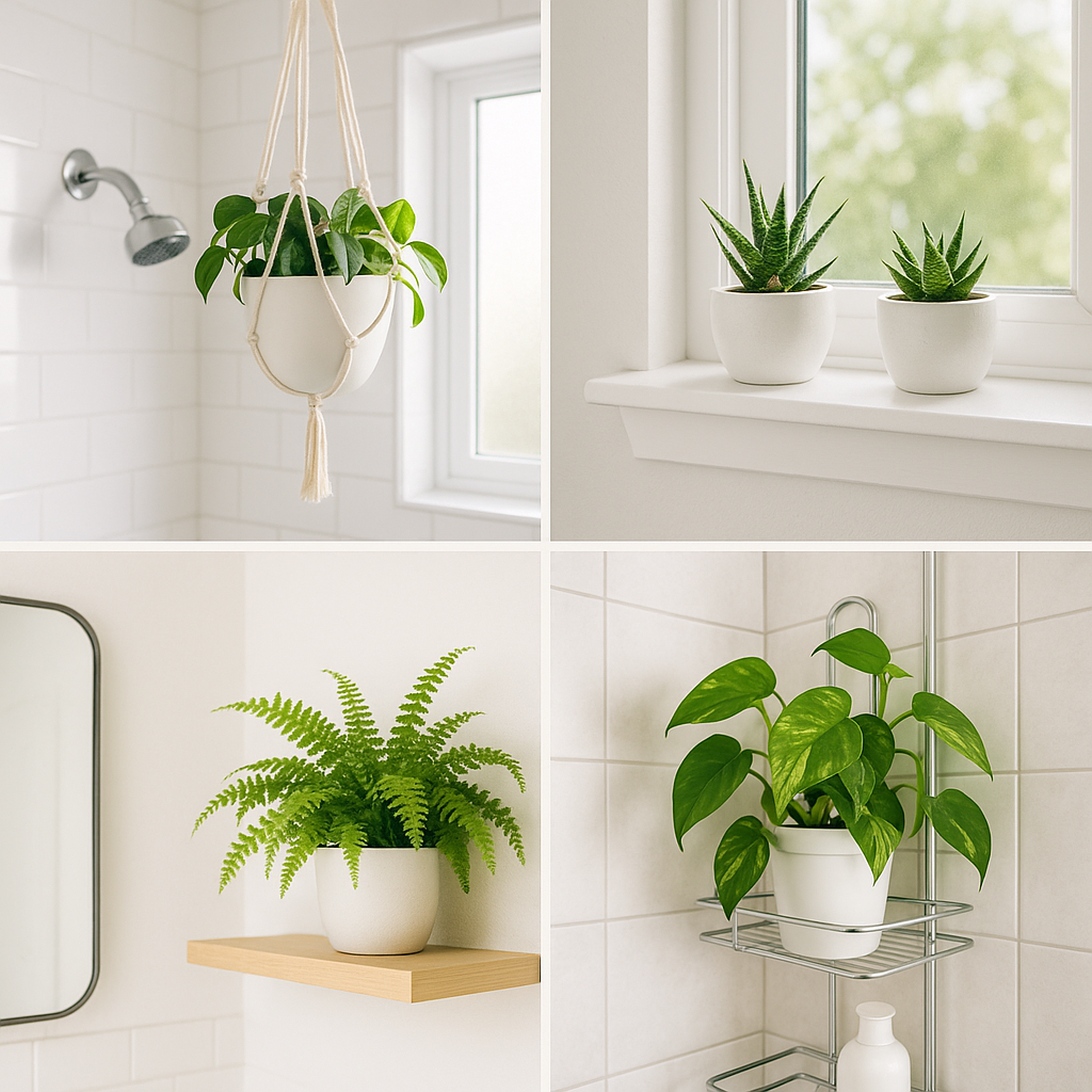 Various bathroom plant placements: hanging from ceiling, on windowsill, on shelf, in shower caddy — diverse options shown