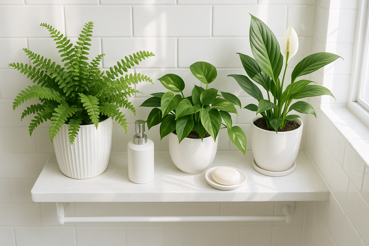 Lush bathroom shelf vignette with humidity-loving plants including Boston fern and pothos thriving in a spa-like bathroom setting
