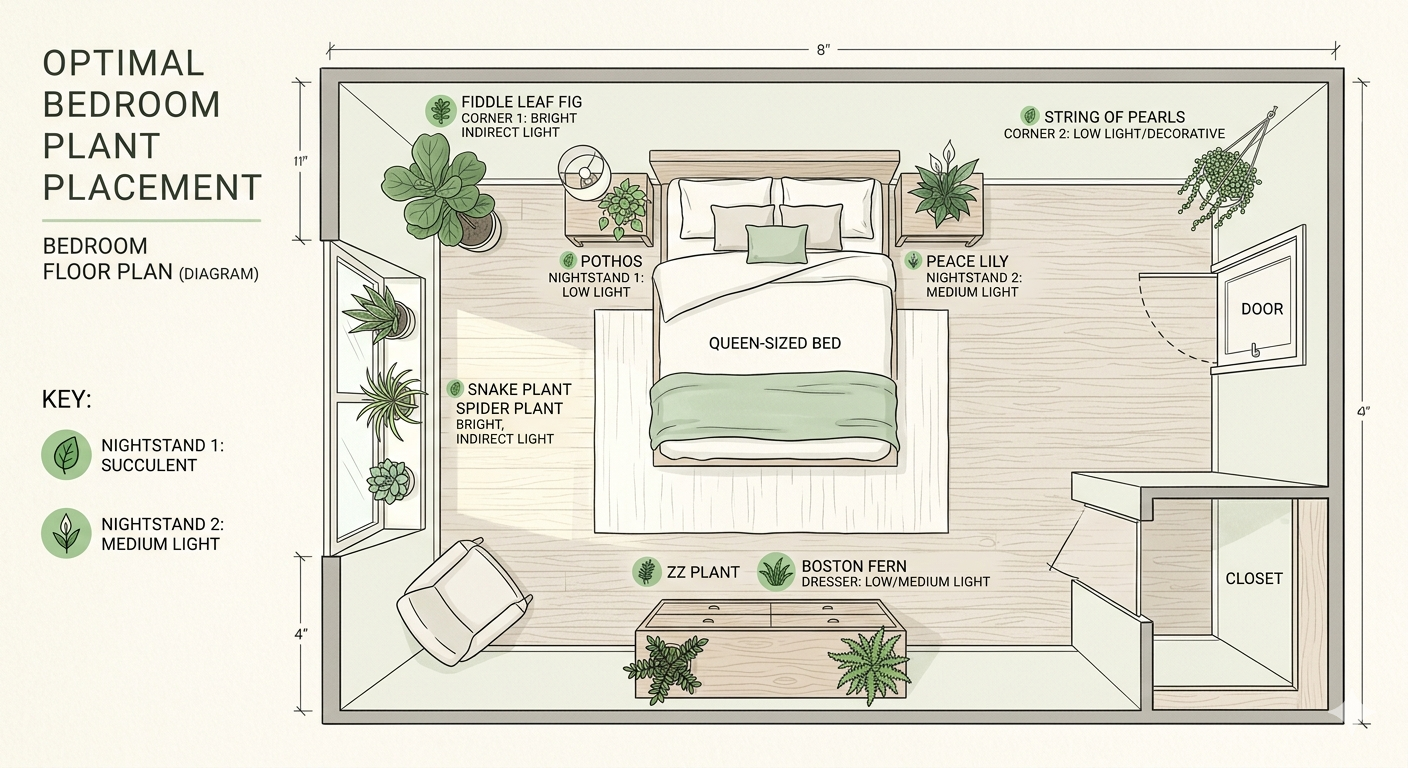 Diagram showing optimal plant placement locations in bedroom