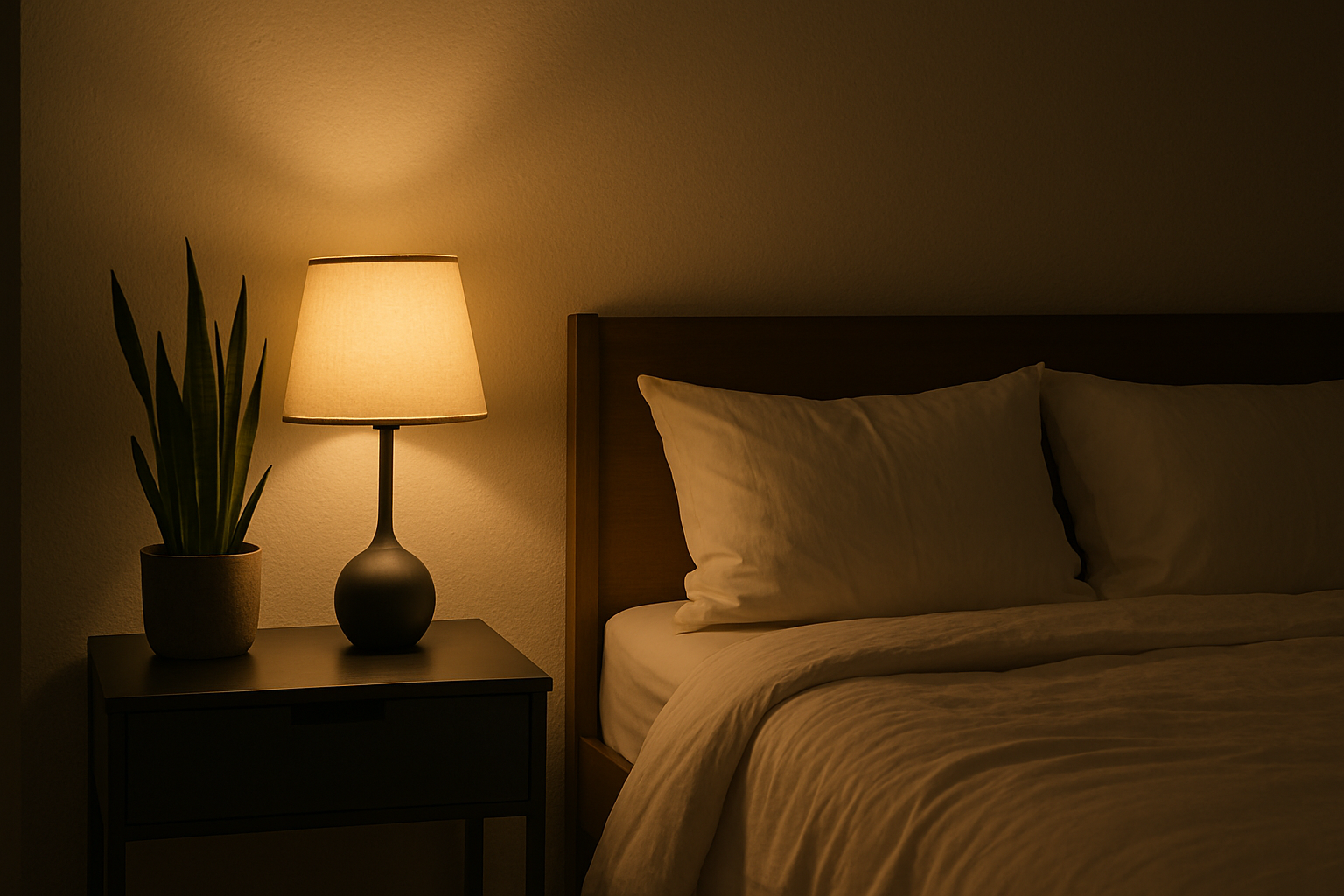 Cozy bedroom sanctuary with snake plant on nightstand, soft warm lighting, minimalist decor