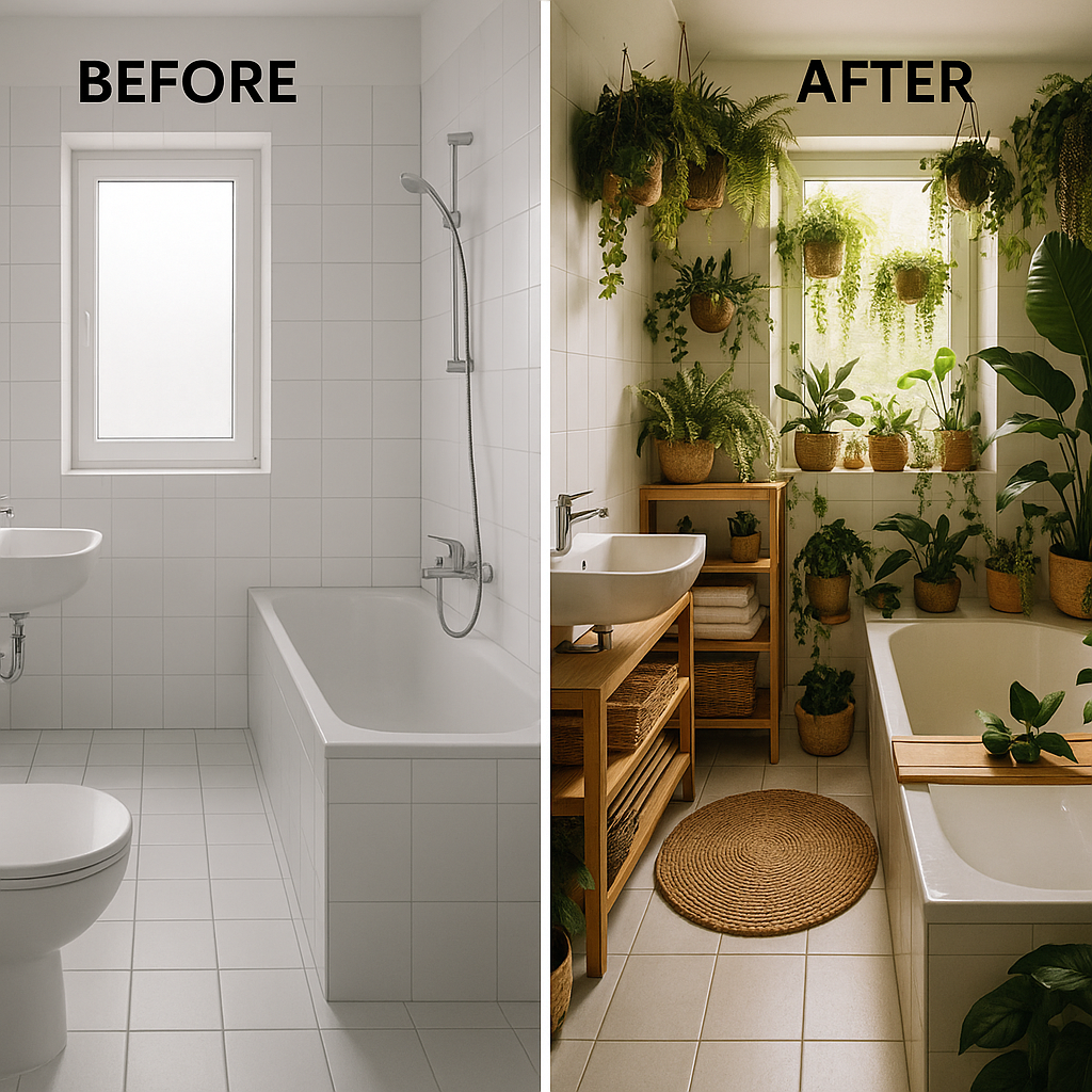 Side by side: bare boring bathroom vs plant-filled inviting bathroom space transformation